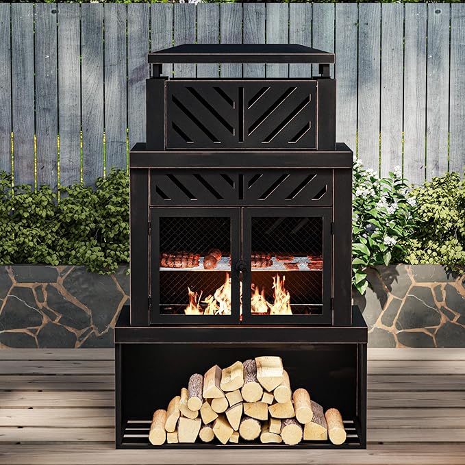 Outdoor Fireplace with Chimney and Wood Storage Metal Wood Burning Fire Pit with Heat Resistant Gloves Fire Poker and Grill Mesh Outside Fireplace for Patio Garden and Deck Black
