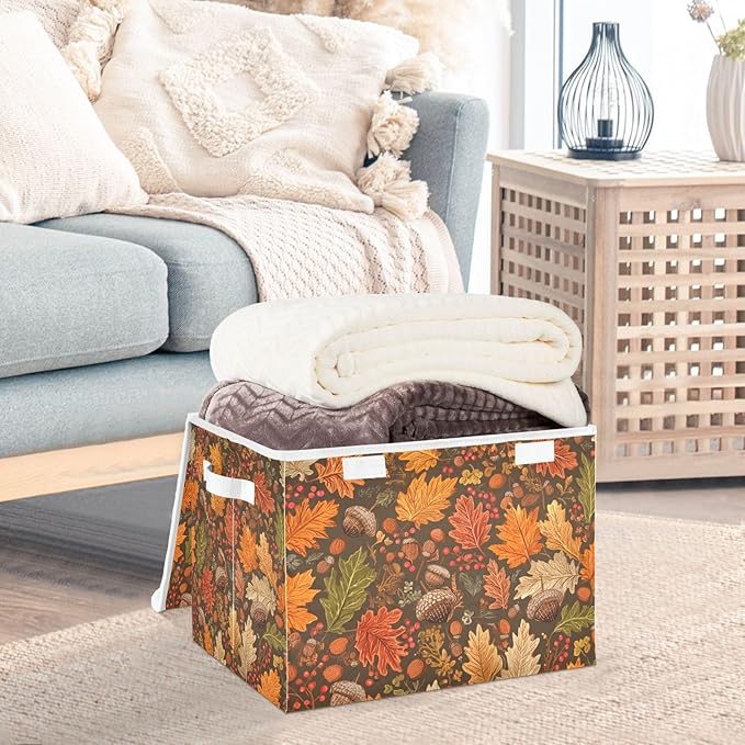 Storage Bins with Lids Storage Containers Box Organizer Bin Basket with Handles for Closet Shelves Clothes Stackable Foldable Decorative Brown Maple Leaves Acorns Berries Branches