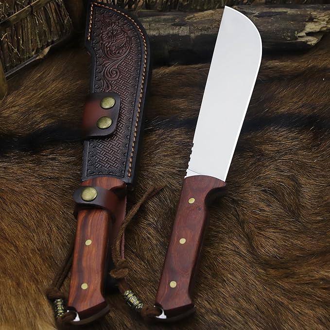 BA-KOR USA 8mmDC53 steel 35CM (14 ) full Tang fixed knife with leather sheath and (5.9 ) ceria ignition head suitable for outdoor hunting camping clearing adventure fishing EDC BBQ (BA-K0a(8m