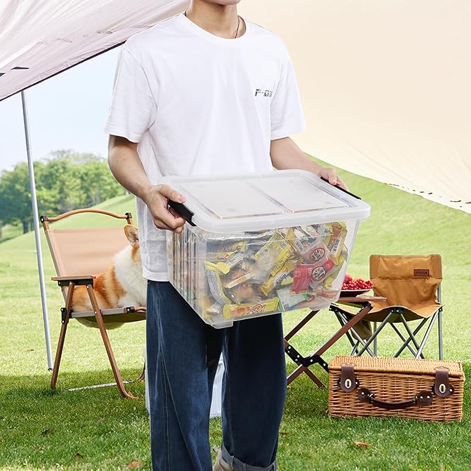 30 L Clear Plastic Storage Bin with Wheels Lidded Latching Box 4 Pack
