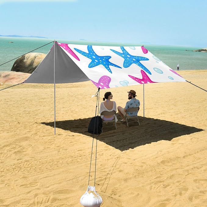 xigua Starfish Beach Tent Sun Shelter with Carrying Bag - Silver Coated Oxford Fabric Beach Canopy for Beach Camping Fishing - Includes Windproof Ropes Sandbags &amp Stakes