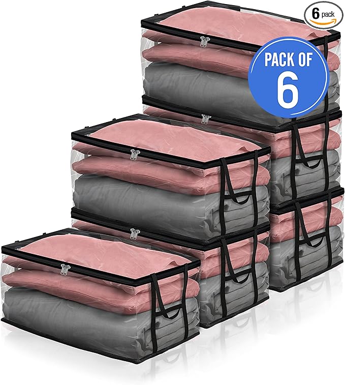 Covers &amp all Clear Storage Bag 90 litres Large size Heavy Duty 20 mil Clear PVC fabric Multi-purpose Organizer with zipper and handles (23”L x 17W x 14H Pack of 6)