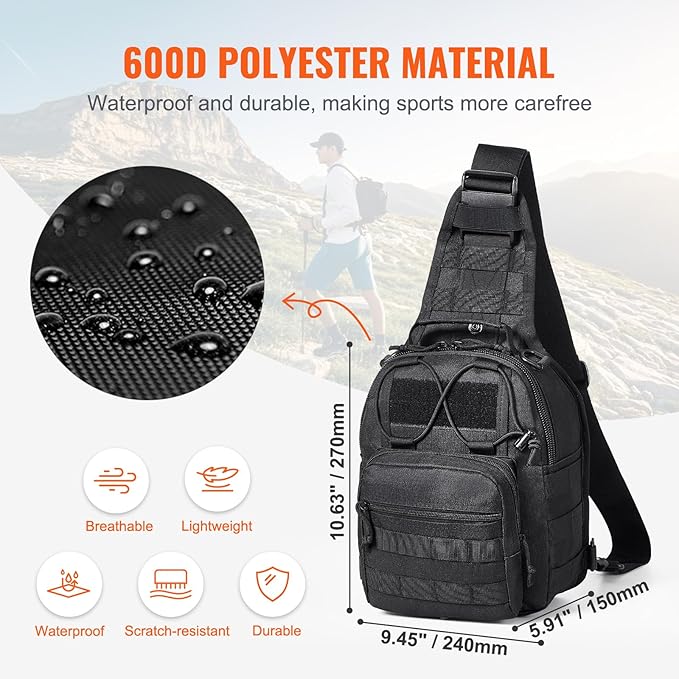 Happybuy Tactical Sling Bag 10L Military Rover Shoulder Sling Backpack with Molle Design and Multi-pocket 600D Tactical Shoulder Bag Ideal for Caping Hiking Black