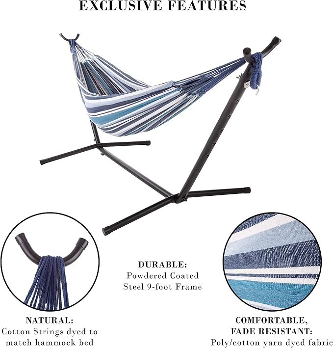 Pure Garden Double Brazilian Hammock with Stand– Woven Cotton 2-Person Outdoor Swing with Frame for Camping Backyard or Patio (Blue Stripes)