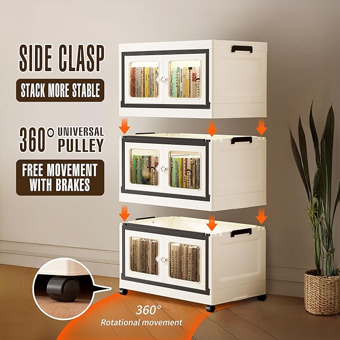 SunSettler Stackable Storage Bins with Lids Plastic Folding Cabinets with Doors and Wheels Collapsible Storage Bins for Closets Stackable Storage Organizer Storage Containers (3-Tier Transparent)