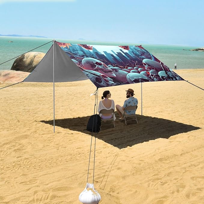 ALAZA Two Wolf Moon Skull Beach Tent Sun Shelter Portable Canopy Sunshade for Outdoor Camping Picnics Backyard Fun 10x9 ft