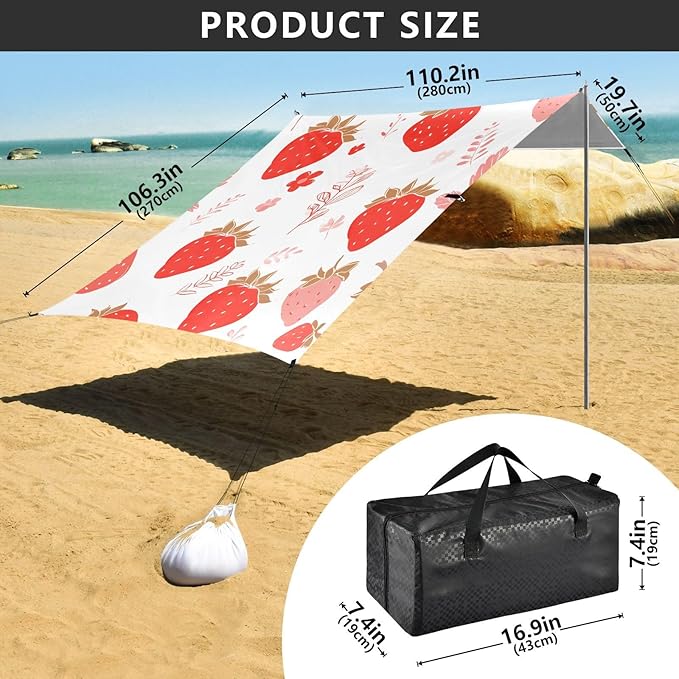 ALAZA Strawberry Pattern Beach Tent Sun Shelter Portable Canopy Sunshade for Outdoor Camping Picnics Backyard Fun 10x9 ft