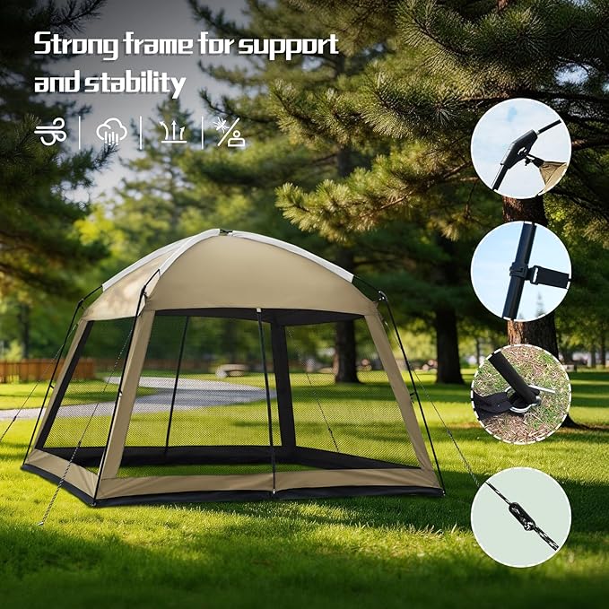 12 x 12 FT Camping Screen Tent for 8-10 Person Easy Setup Screen House with UV 50+ Sun Protection &amp Mosquito Net for Camping Backyard Picnic Patio Outdoor Kakhi