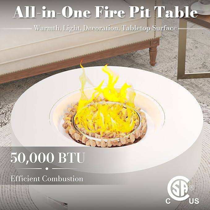 32.5 Inch Propane Fire Pit Table 50000 BTU Round Patio Fire Pit Table Outdoor CSA Certified Stainless Burner with Steel Lid Waterproof Cover &amp Lava Rocks for Garden Backyard White