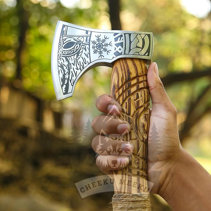 Custom Handmade Carbon Steel Real Viking Axe HatchetCamping Axe Birthday Gift for him Leather Wrapped Handle and Leather Sheath ((FM 22))