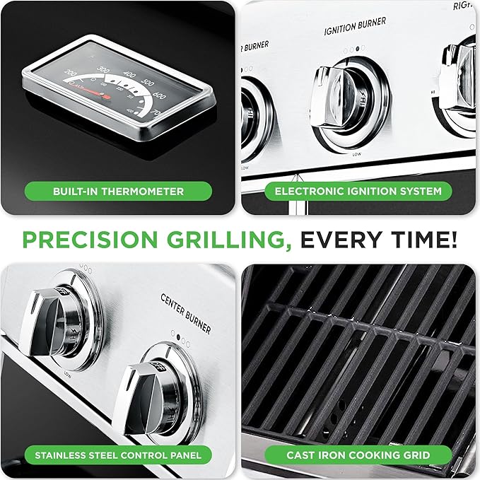 NutriChef Heavy-Duty 5-Burner Propane Gas Grill - Stainless Steel 52000 BTU 4 Main Burners + Side Electronic Ignition Built-in Thermometer - NCGRIL2.5