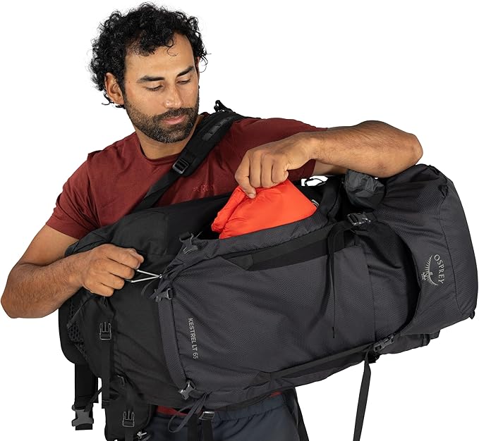 Osprey Kestrel LT 65L Men's Backpacking Backpack - Lightweight Hiking &amp Camping Bag with Waterproof Raincover Black