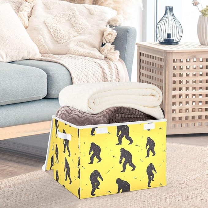 Sasquatch Silhouettes Yellow Storage Cube Bins Basket with Lid Collapsible Flip-top Fabric with Handle for Home Bedroom Closet Office 16.5×12.6×11.8 in