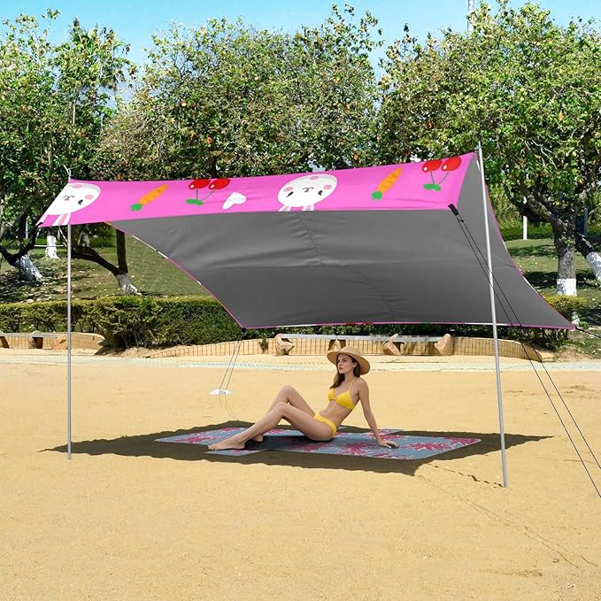 Beach Canopy with Windproof Ropes &amp Sandbags Beach Tent Sun Shade Sun Shelter for Camping Trips Fishing Backyard Fun or Picnics Bunny