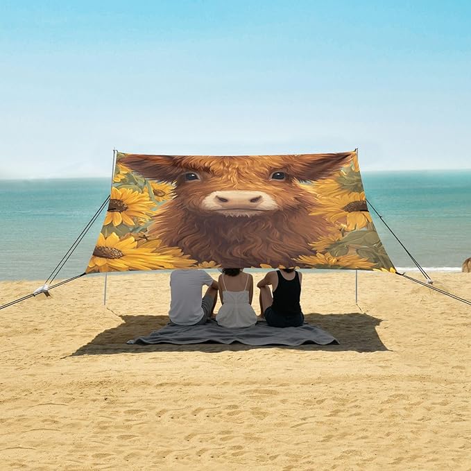 ALAZA Highland Cow Sunflower Beach Tent Sun Shelter Portable Canopy Sunshade for Outdoor Camping Picnics Backyard Fun 10x9 ft