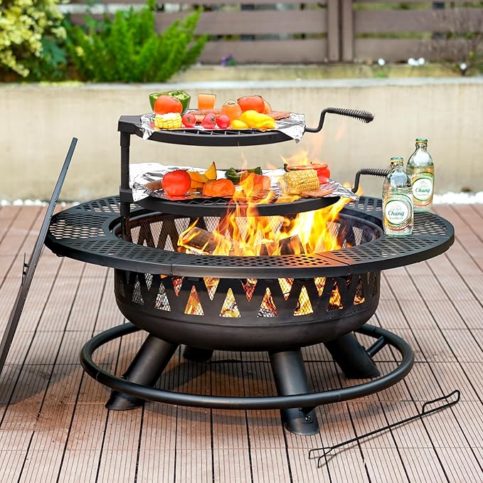 36 Inch Fire Pit with 2 Grills Large Outdoor Firepits for Outside Wood Burning Fireplace for CampingPicnicBonfire 3-in-1 Round Metal Table with Lid for BackyardPatioParty
