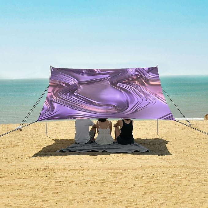 xigua Purple Texture Beach Tent Sun Shelter with Carrying Bag - Silver Coated Oxford Fabric Beach Canopy for Beach Camping Fishing - Includes Windproof Ropes Sandbags &amp Stakes