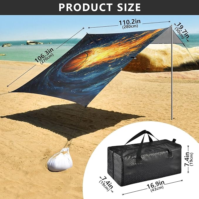 ALAZA Basketball Starry Sky Beach Tent Sun Shelter UPF50+ Protection Beach Shade Canopy w/ 4 Sandbags for Outdoor Camping Fishing Backyard Fun Picnic 10x9 ft