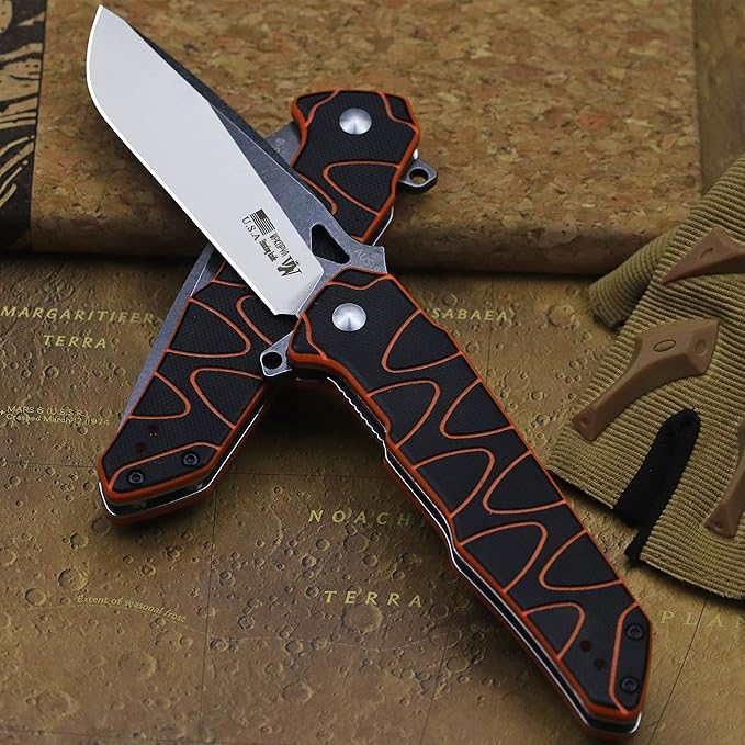 WPKOPYA 8.4in Folding Knife AUS-8 Steel Blade G10 Handle with Anti-Slip Texture Ball Bearing Pivot Stonewashed Finish EDC Pocket Knife for Camping Hiking Survival (AUS-8 (G10 black/orange))