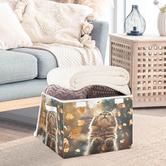 AIXIWAWA Lidded Storage Cube (Autumn Cat) Fabric Foldable Closet Bins with Flip Lid and Handles Organizer Basket Container 16.5 x 12.6 x 11.8 IN