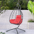 Hanging Egg Chair with Stand Black Wicker Rattan Swing Egg Chair Indoor Outdoor Swing Chair for Patio Balcony Porch Bedroom 350 LBS Capacity (Red)