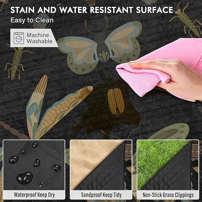 Insect Picnic Blankets Waterproof Foldable 60″X80″ Packable Picnic Mat Vintage Outdoor Blanket for Grass Large Beach Blanket Sandproof Picnic Accessories for Camping Music Festival Park Lawn Travel
