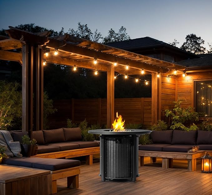 32'' Round Gas Fire Pit 50000 BTU Steel Outdoor Fire Tables Fire Table with Lid Add Warmth &amp Ambience to Gatherings and Parties On Patio Deck Garden Backyard Black.
