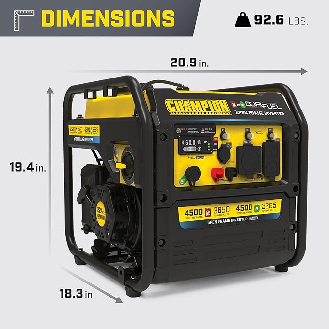Champion Power Equipment 4500-Watt Electric Start Dual Fuel RV Ready Portable Open Frame Inverter Generator with Quiet Technology and CO Shield®