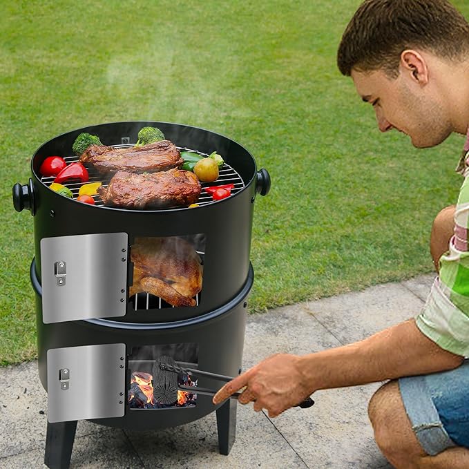 MASTER COOK 16 inch Charcoal Smoker Vertical BBQ Grill Heavy Duty 4 In 1 Fire Pit with built-in Thermometer &amp Adjustable Vent System for Backyard Patio Camping