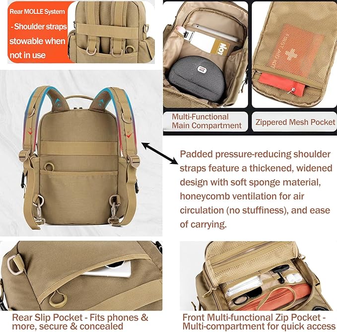 18L Tactical MOLLE Backpack - Men's Travel Backpacks This EDC Bag Has Multiple Ways to Carry as Backpack Crossbody (Black)