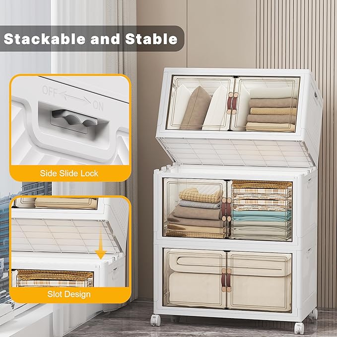 UAMFURI Stackable Storage Bins with Lids 336QT Closet Organizers and Storage with Doors and Wheels Extra Large Storage Cabinet Collapsible Plastic Drawers for Bedroom Dorm Office Garage