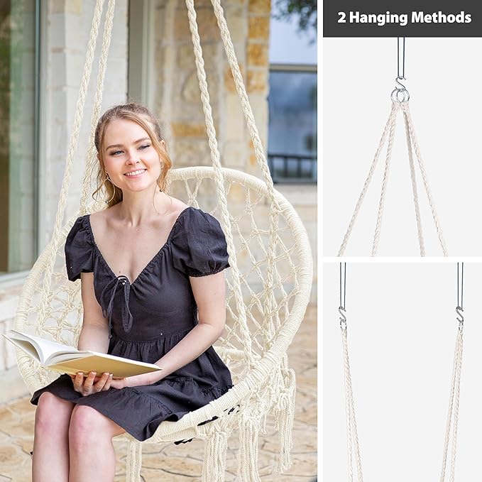 SUNCREAT Hammock Chair Macrame Swing with Side Pocket Hanging Cotton Rope Hammock Swing Chair for Indoor and Outdoor Use 330 lbs Capacity Beige