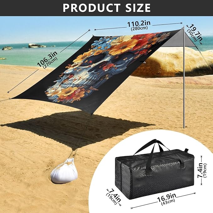 ALAZA Skull Flower Beach Tent Sun Shelter Portable Canopy Sunshade for Outdoor Camping Picnics Backyard Fun 10x9 ft