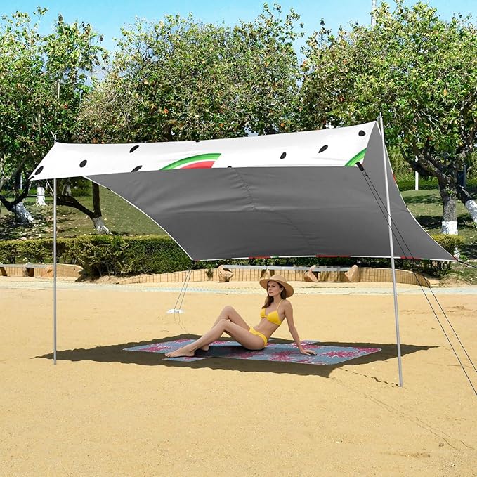 Beach Canopy with Windproof Ropes &amp Sandbags Beach Tent Sun Shade Sun Shelter for Camping Trips Fishing Backyard Fun or Picnics Watermelon