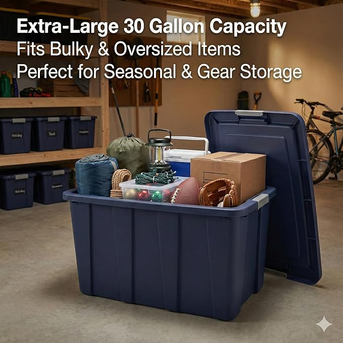 30 Gallon Latching Tuff1 ToteRugged Plastic Bin with LidDark Blue Tuff1 Tote