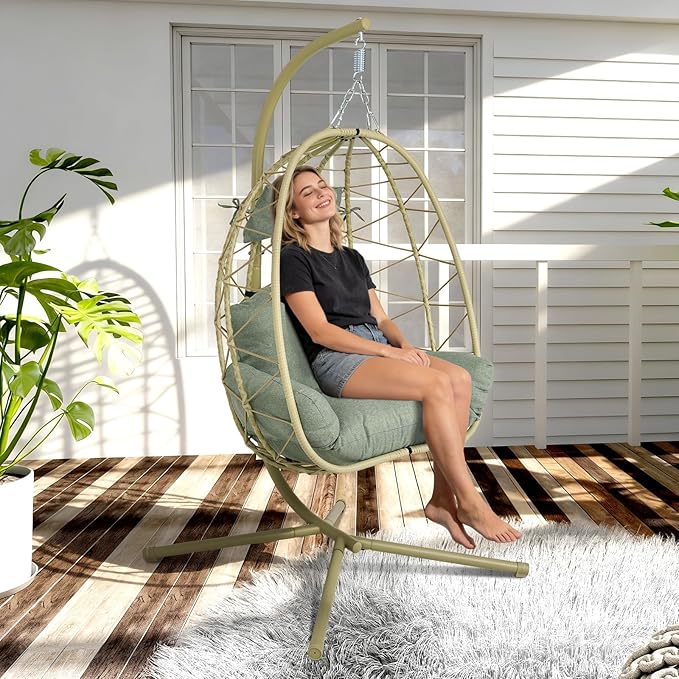 Hanging Egg Chair with Stand Outdoor Indoor Patio Rattan Swing Hammock Chairs with Washable Cushion PE Wicker Swing Chair for Backyard Bedroom Garden (Cyan + Dark Green Cushion No Footrest)