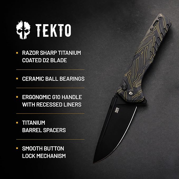 TEKTO F3 Charlie Button Lock Folding Knife Oversized Fine Edge Blade - Easy Open Pocket Knife with Titanium Coated D2 Steel &amp Black Titanium Barrel Spacers