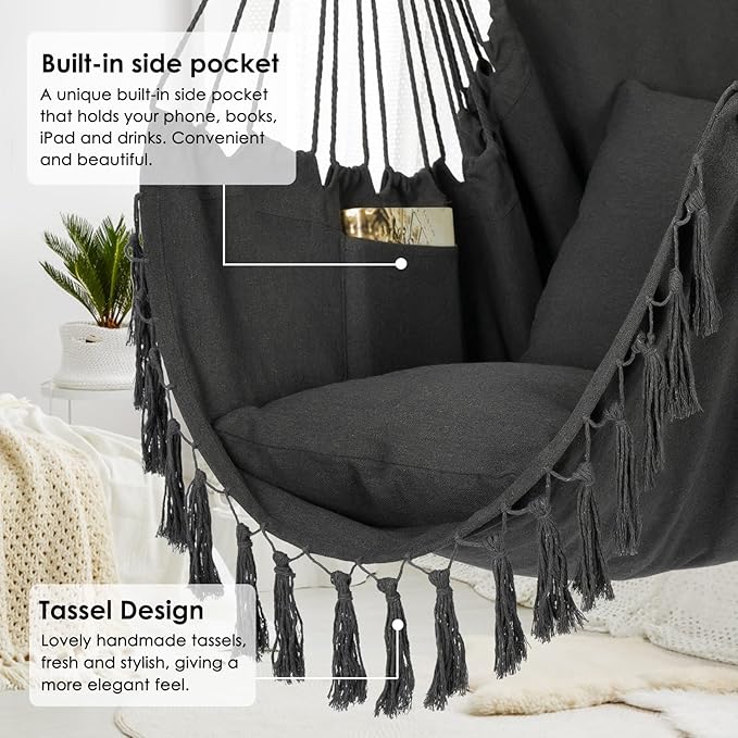 Y- STOP Hammock Chair Hanging Rope Swing Max 500 Lbs 2 Cushions Included Large Macrame Hanging Chair with Pocket Cotton Weave for Superior Comfort Durability (Dark Grey)