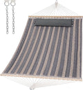 SUNCREAT Double Quilted Hammock with Hardwood Spreader Bar Extra Large Soft Pillow Heavy Duty 2 Person Hammock for Indoor Outdoor Gray Stripes