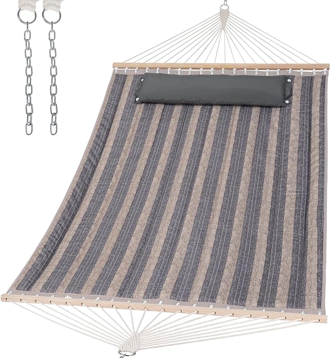 SUNCREAT Double Quilted Hammock with Hardwood Spreader Bar Extra Large Soft Pillow Heavy Duty 2 Person Hammock for Indoor Outdoor Gray Stripes