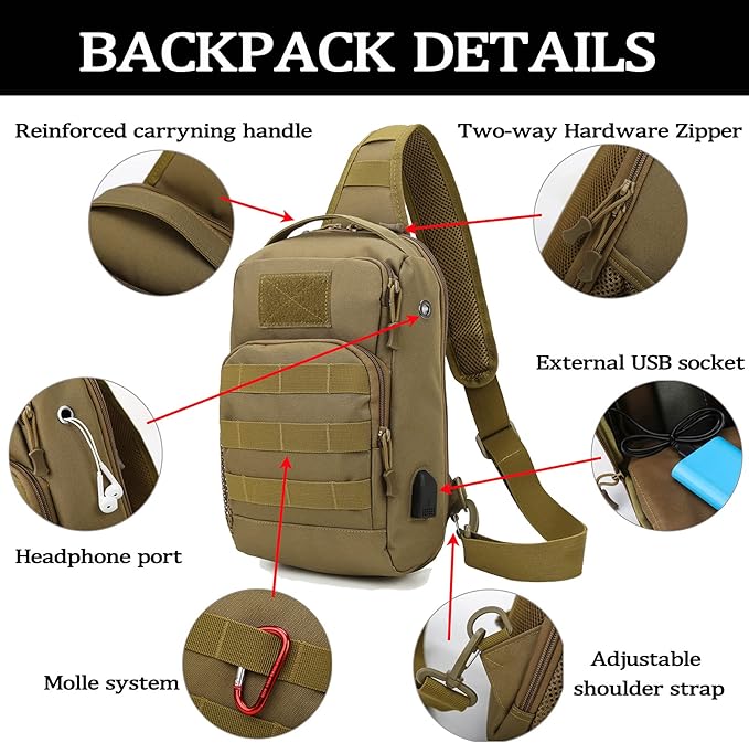 Valinov Tactical Shoulder BagMolle Shoulder BackpacksMilitary Sling Daypack Backpack with USB Charging port
