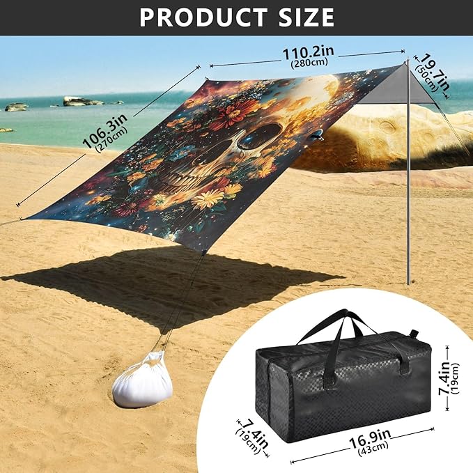 ALAZA Skull Starry Sky Beach Tent Sun Shelter Portable Canopy Sunshade for Outdoor Camping Picnics Backyard Fun 10x9 ft
