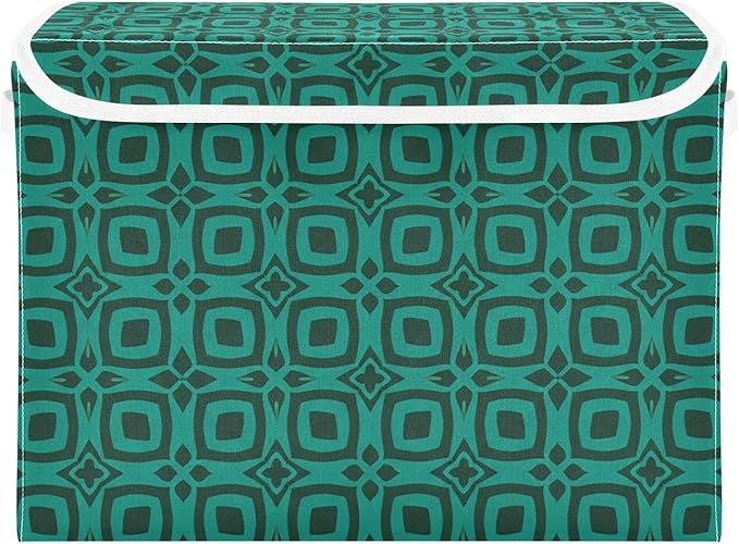 Teal Geometric Pattern Lidded Storage Bins with Handles - 16.5x12.6x11.8 Foldable Organizing Box Oxford Fabric &amp Honeycomb Board Dust-Proof Flip Lid for Closet/Office