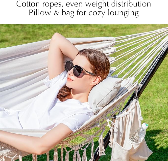 PNAEUT Handmade Tassel Hammocks Double Hammock with Stand for Outside Max 450 lbs Capacity Pillow &amp Storage Bag Included (Beige)