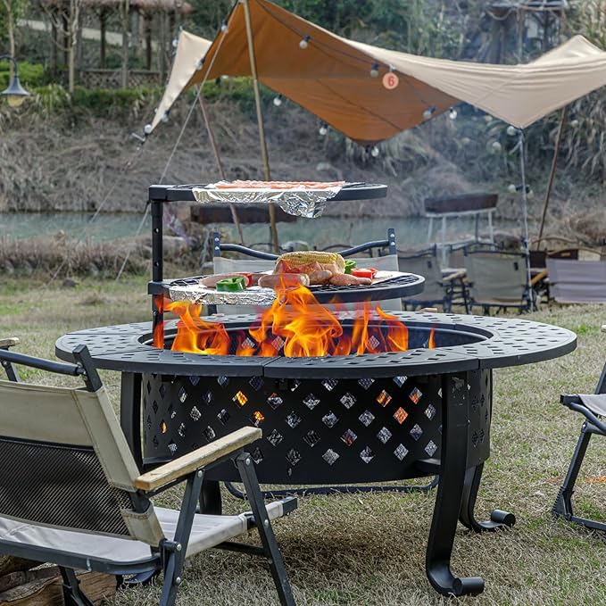 Panovue 42 Inch Fire Pit with 2 BBQ Grills Wood Burning Fire Pits for Outside with Lid &amp Fire Poker BBQ&amp Outdoor Firepit &amp Round Metal Table 3 in 1 for Patio Picnic Party