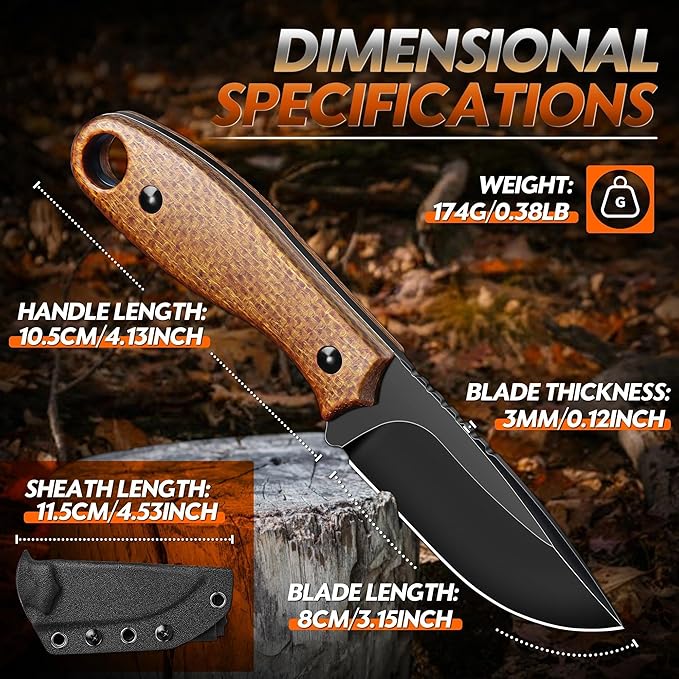 Dragon Creek Fixed Blade Knife - D2 Steel Small Pocket Knife with Adjustable Kydex Sheath for Survival Camping Hiking Birthday Gift Men Brown