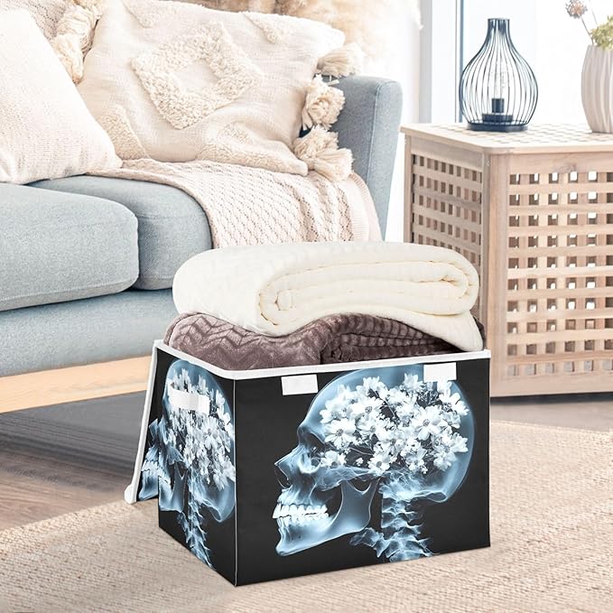 Storage Cube with Lid Skull with Flower Print 16.5×12.6×11.8 IN Collapsible Large Capacity Foldable Storage Basket Bin Organizer