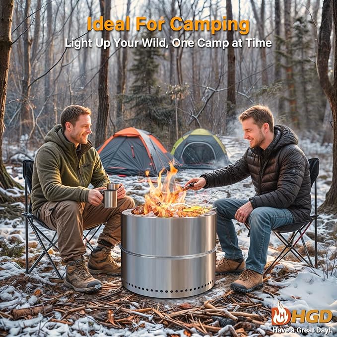 HGD 19.5 Inch Smokeless Firepit with Grill Portable Wood Burning Fire Pit for Camping &amp Backyard Stainless Steel Outdoor Fireplace with Travel Bag Easy Setup &amp Compact Storage - Foldable De