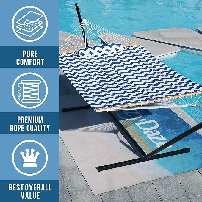 Lazy Daze Hammocks 12FT Quilted Fabric Double Hammock with Spreader Bars and Detachable Pillow 2 Person Hammock for Outdoor Patio Backyard Poolside 450 LBS Weight Capacity Blue Chevron Stripe