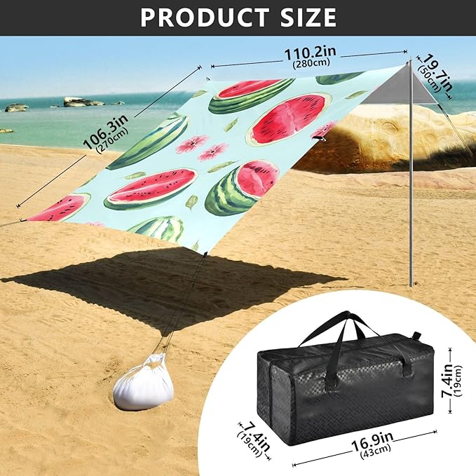 ALAZA Watermelon Green Background Pattern Beach Tent Sun Shelter Portable Canopy Sunshade for Outdoor Camping Picnics Backyard Fun 10x9 ft